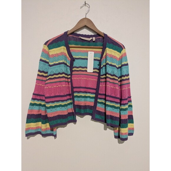 Nwt L Soft Surroundings Cardigan Women Medium Silk 3/4 Sleeve  Pointelle Stripe - Picture 2 of 7